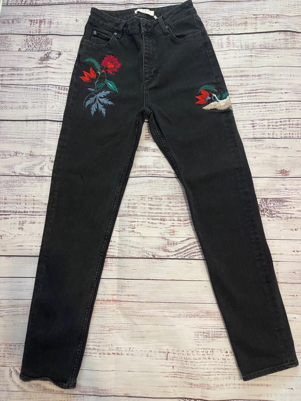Sandro Paris Vegas Black Straight-Leg Jeans with Floral Embroidery